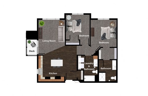 Floor plan for 2 beds, 2 baths, 1107 sqft